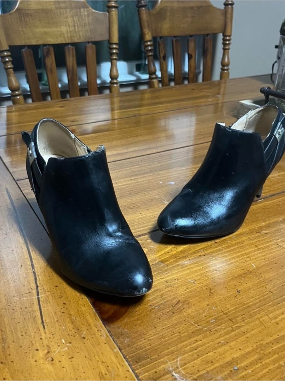 Unisa Black Heeled Ankle Booties Size 9 EUC Cutout Buckle Detail Pointed Toe